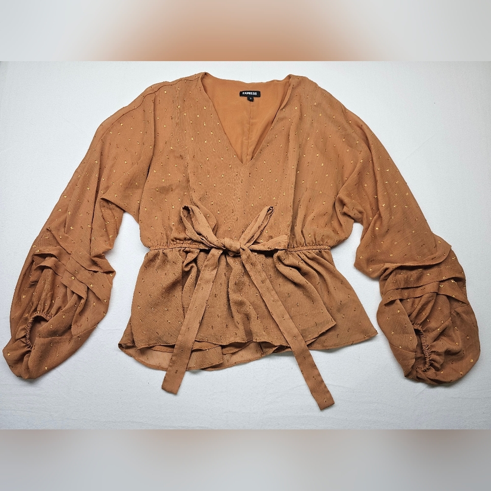 Express Women's Brown Gold Dot Tie‎ Front Blouse Bishop Sleeve Large